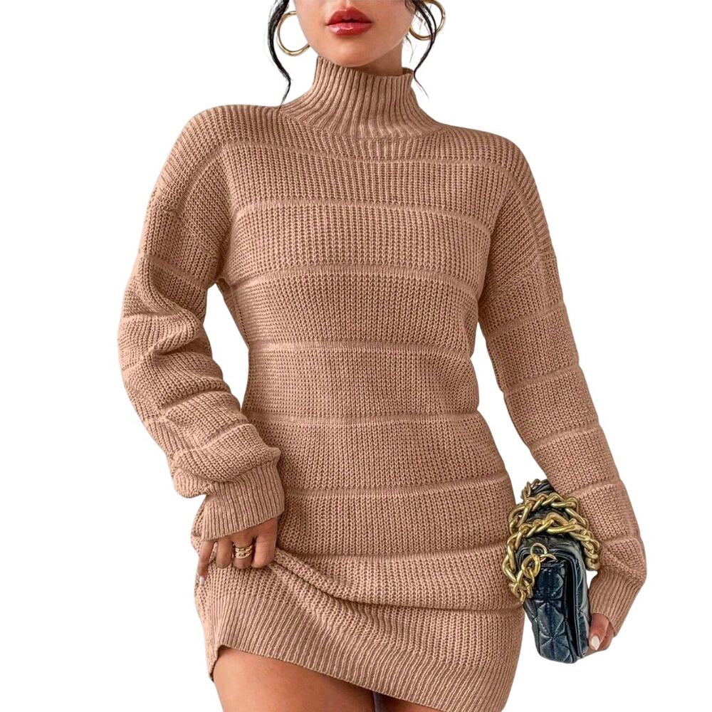 Ribbed Knit High Neck Sweater Dress Drop Shoulder Mini Cozy Minimalist Chic M
